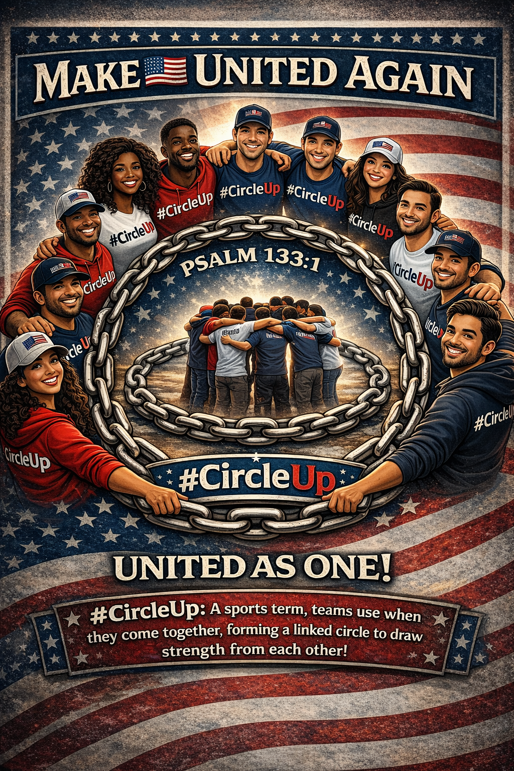 #CircleUp — Diverse group of people wearing CircleUp merchandise united around a chain circle, symbolizing strength through unity